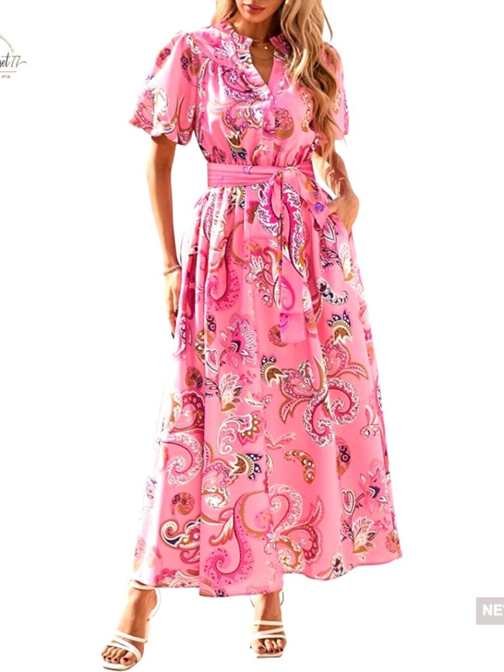 Boho Floral Maxi Dress Puff Sleeve V-Neck Button Shirt Style